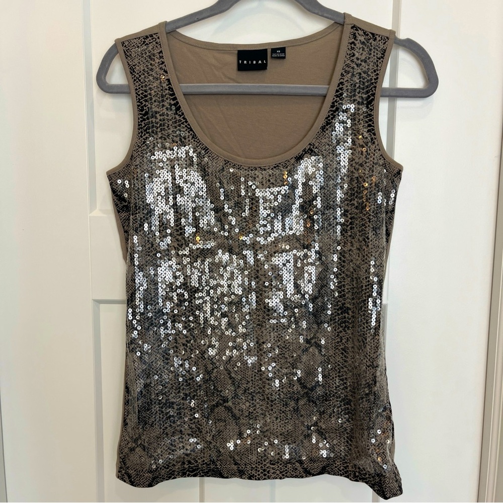 Tribal Women’s Blouse Tank Top Sequins Front Over Animal Print Tan Taupe Size XS